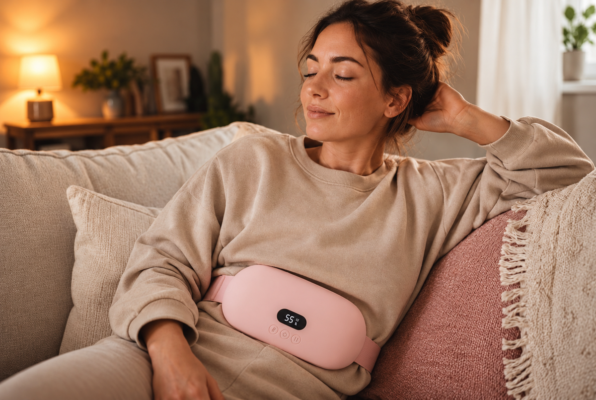 Une femme se détend sur un canapé avec sa ceinture LilyRomy