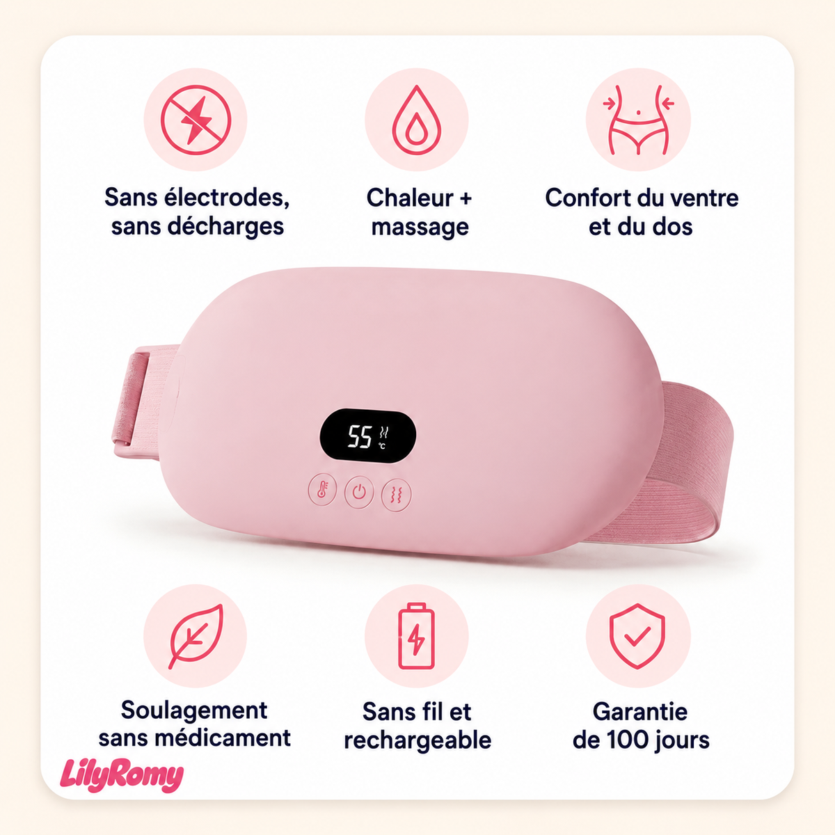Ceinture chauffante et massante LilyRomy sans fil et rechargeable
