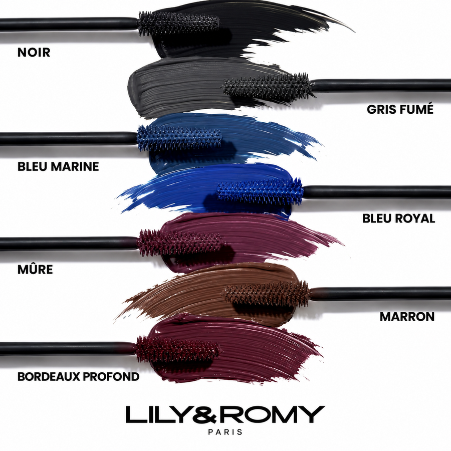 Les sept teintes du Mascara de Romy : Noir, Gris fumé, Bleu marine, Bleu royal, Mûre, Marron et Bordeaux profond