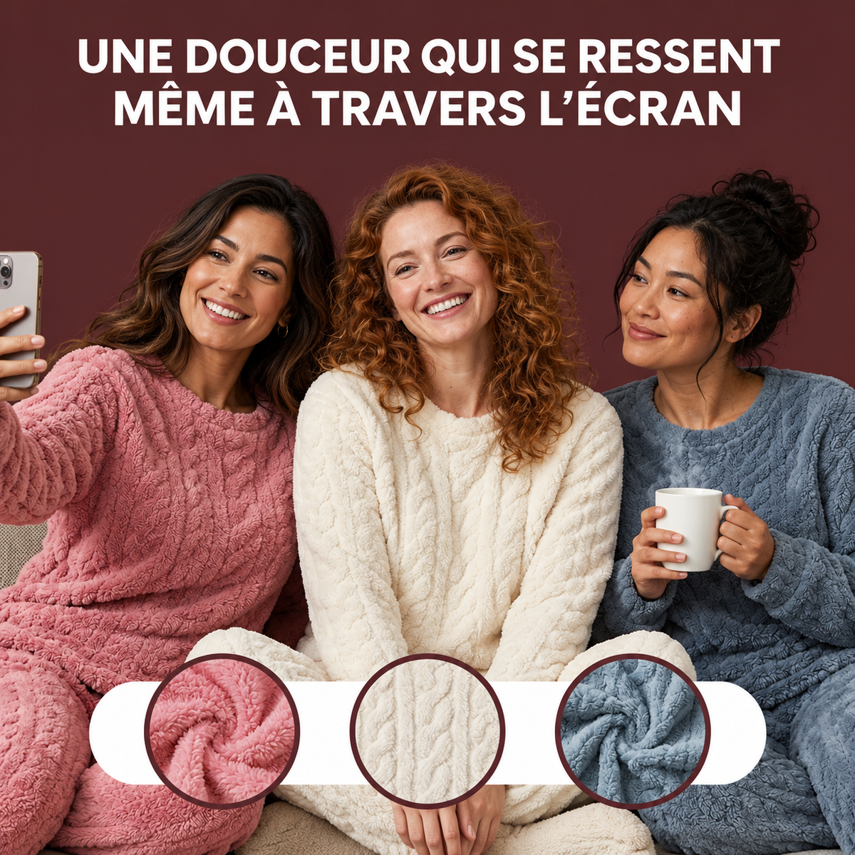 Pyjama Cosy porté en rose, écru et bleu — douceur